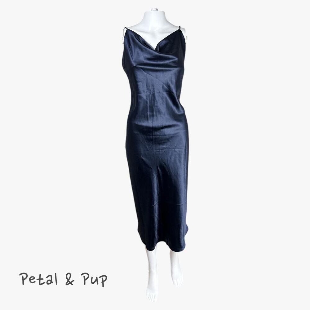 NWT Petal & Pup Women's Satin Sheer Dress in Navy Size 6 Glam Party Bodycon